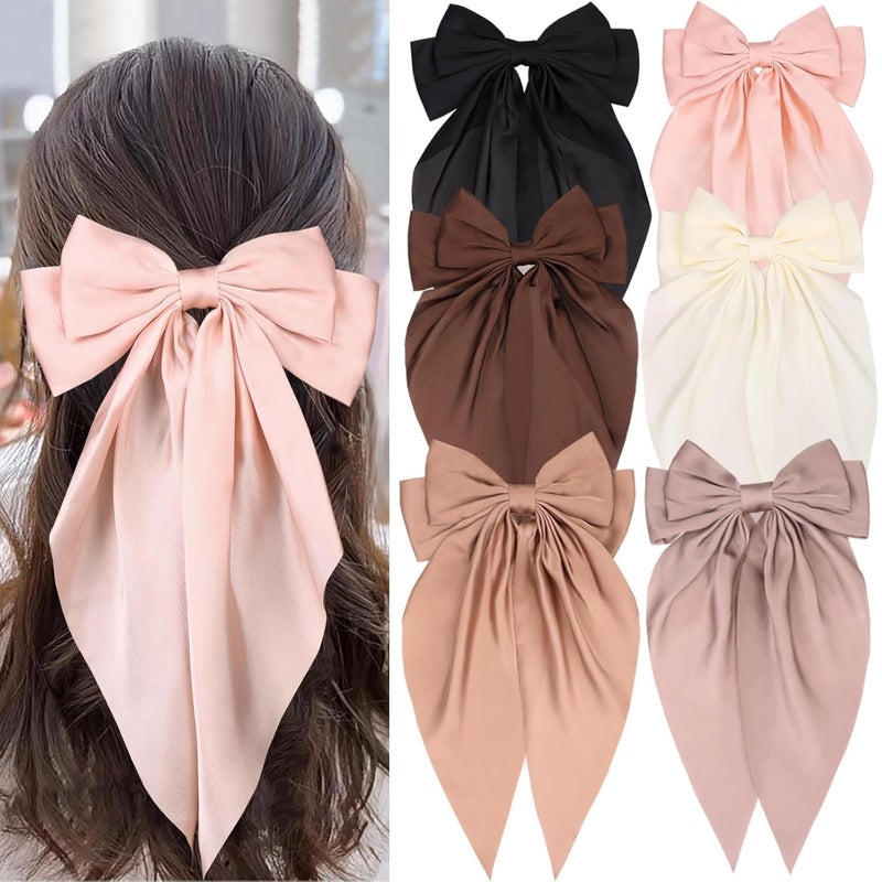 MRJ 6 Pcs Silky Satin Hair Bows Big Hair Ribbons for Women Large Hair Clips for Girls Hair Accessories Barrettes Metal Clips Bowknot Aesthetic - Image 1